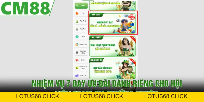 Nhiệm Vụ 7 Day - Tham Gia Ngay, Tích Lũy Quà CM88 Giá Trị  - cm88mobimobi - Lotus68